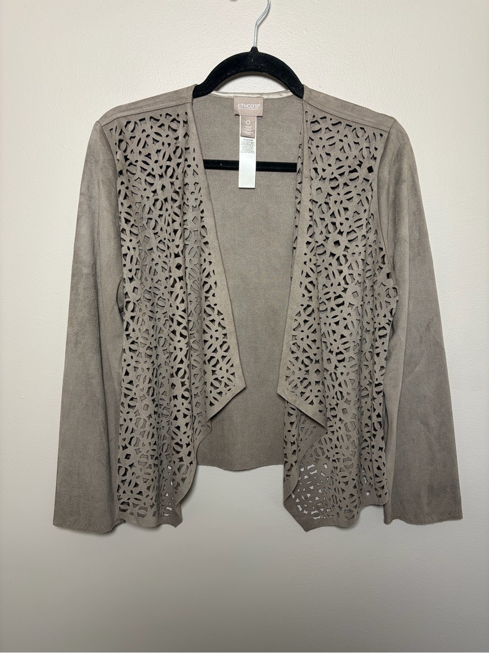 Chico's faux suede laser-cut open-front cardigan jacket